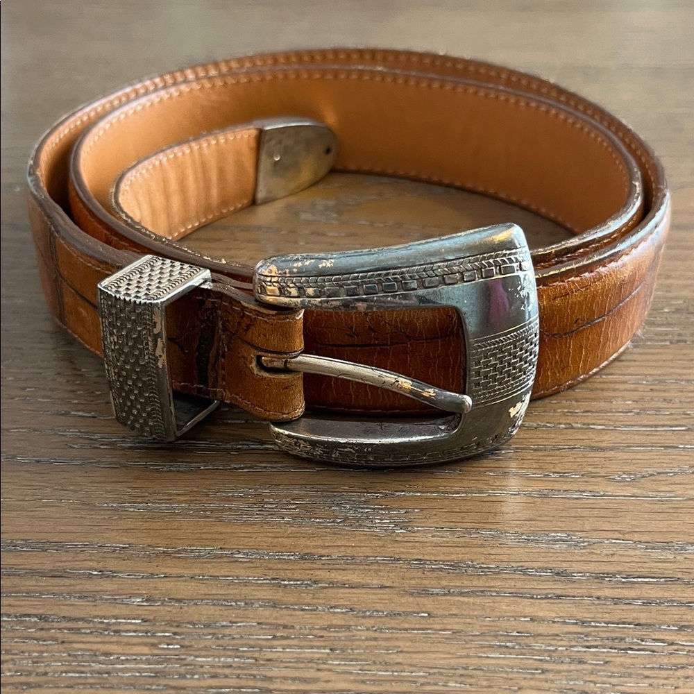Vintage Brighton Onyx Brown Embossed Leather Belt‎ with Silver Buckle Size 36